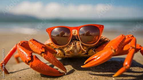 Close-up selfie portrait of a jovial crab wearing sunglasses