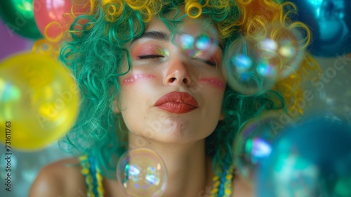 Close-up of a woman with vibrant wig amidst floating bubbles