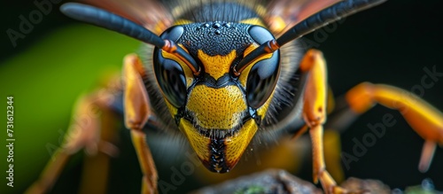 A macro photograph capturing the face of an insect, possibly a wasp, perched on a rock. It could be a pollinator, pest, or even a parasite to terrestrial plants. photo