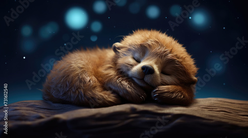 Cute Little baby sea otter animal in a sleeping hat sleeps soundly in the full moon, starry sky and clear night sky created with Generative AI Technology
 photo