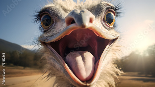 Close-up selfie portrait of a laughing ostrich