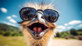 selfie portrait of a laughing ostrich wearing sunglasses