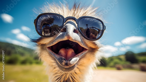 selfie portrait of a laughing ostrich wearing sunglasses