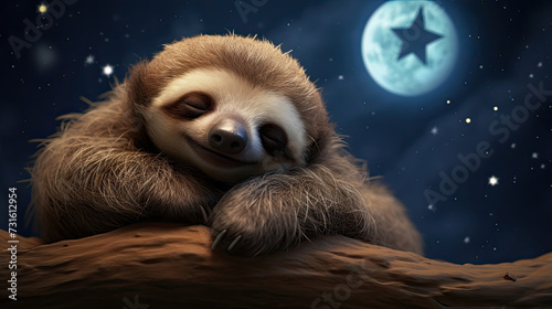 Cute Little baby sloth animal in a sleeping hat sleeps soundly in the full moon  starry sky and clear night sky created with Generative AI Technology