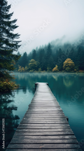wooden bridge path leads to a serene lake, calm water, natural pine tree forest, and misty mountains created with Generative AI Technology © AstraNova