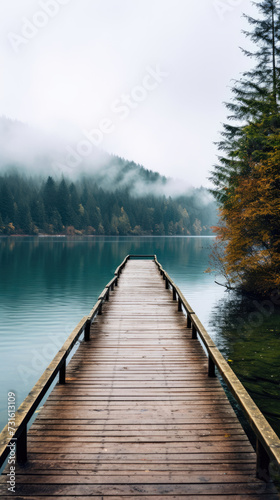 wooden bridge path leads to a serene lake, calm water, natural pine tree forest, and misty mountains created with Generative AI Technology