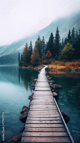 wooden bridge path leads to a serene lake, calm water, natural pine tree forest, and misty mountains created with Generative AI Technology