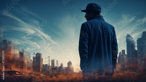 Sunset Skyline: City Silhouette with Clouds and Fashionable Boy