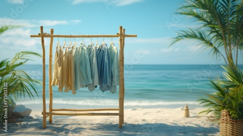 Casual shirts displayed on a bamboo rack at a beach