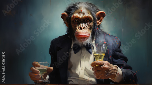 portrait of a zany chimpanzee with a cocktail photo