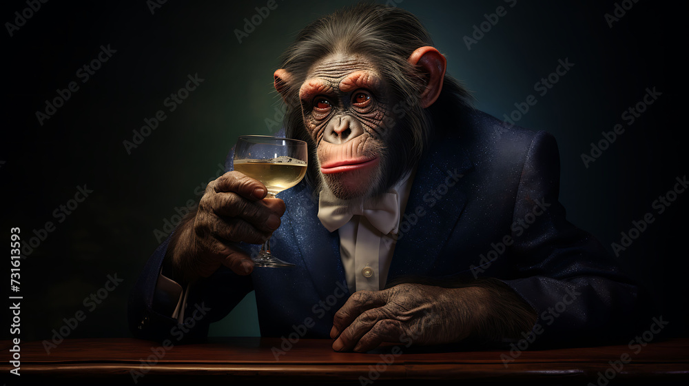portrait of a zany chimpanzee with a cocktail
