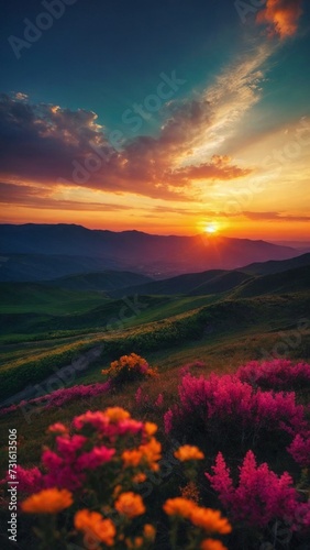 The image features a beautiful sunset over a mountain range