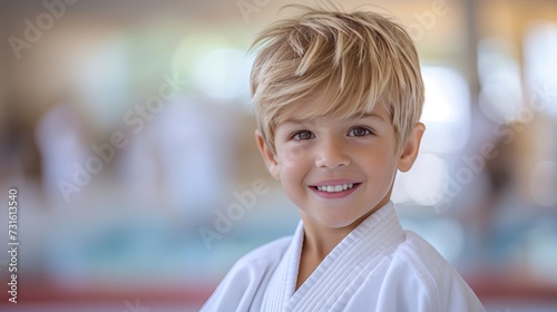 Joyful european boy at judo or karate training, looking at camera with copy space.