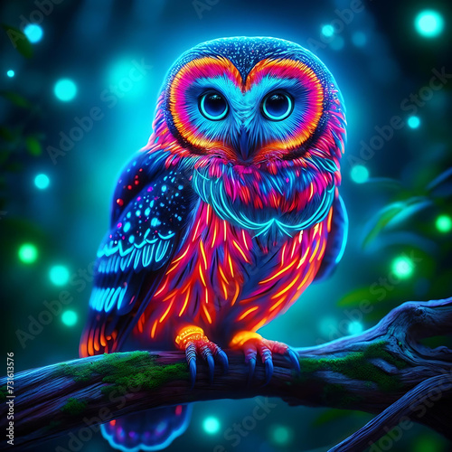a colorful neon glow owl perched on a branch, colorful illustration created by generative ai