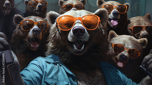 selfie portrait of a chuckle of bears wearing sunglasses. photo