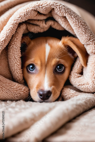 A dog puppy peeking out from under a cozy, blanket. dog's wide, curious eyes and soft fur contrasted against the rich texture of the blanket © Giuseppe Cammino