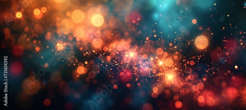 Abstract bokeh banner background with silver bokeh on defocused teal green and coral colors