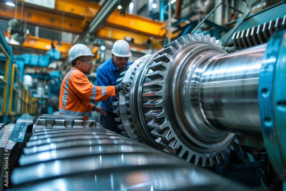 Two workers collaborating on a large gear assembly in an industrial manufacturing facility.