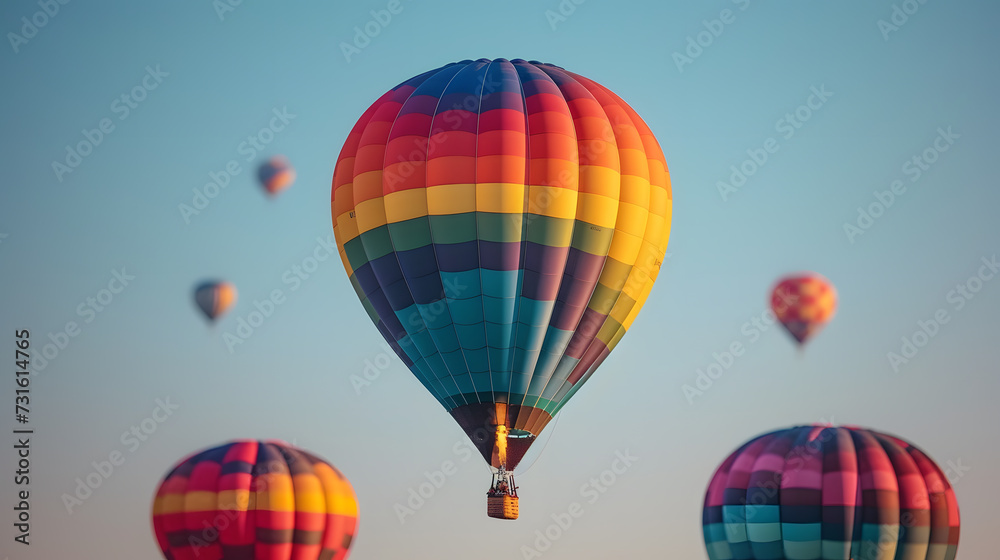 Obraz premium A colorful hot air balloon festival, with a clear sky as the background, during a festive morning