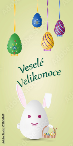 Happy Easter card with traditional Easter symbols, rabbit, painted eggs and Czech text Vesele Velikonoce, vector drawing, portrait orientation, vertical design, illustration.