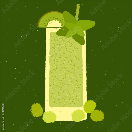 Green cocktail with kiwi, grapes and mint. Fruity smoothie for health. Alcohol drink for bar. Cold soft liquid in tall glass. High glass. Non-alcoholic beverage. Flat vector illustration with texture