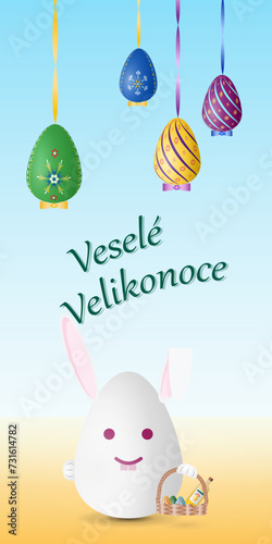 Happy Easter card with traditional Easter symbols, rabbit, painted eggs and Czech text Vesele Velikonoce, vector drawing, portrait orientation, vertical design, illustration.
