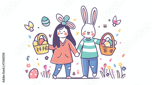 Bunny Couple With Easter Baskets Line Cartoon