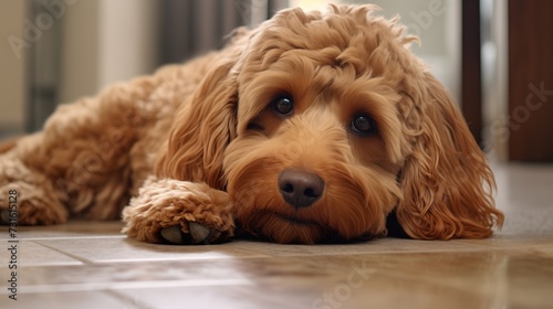 A close-up view capturing the beauty of a red Cockapoo dog, lying comfortably on the floor at home 