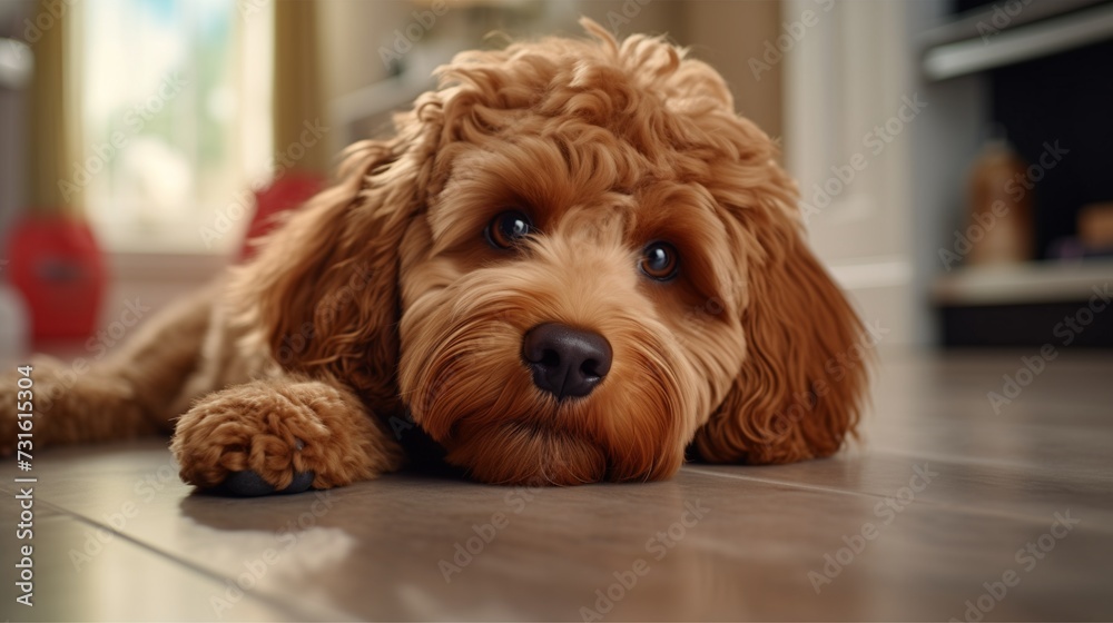 A close-up view capturing the beauty of a red Cockapoo dog, lying comfortably on the floor at home 