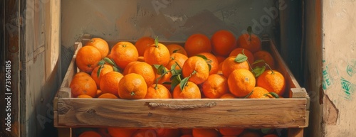 Wooden box filled with oranges Filled With Oranges Next to Wall