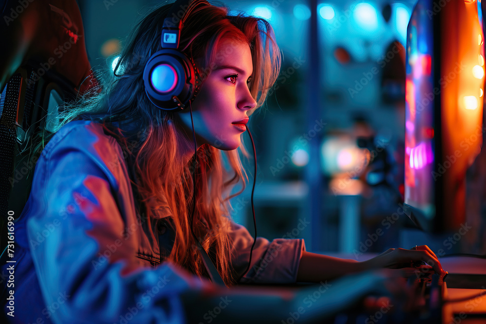 Girl gamer in headphones plays video games on PC Girl gamer in headphones plays video games on PC