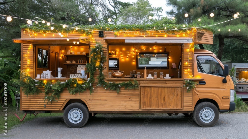 Quaint coffee shop on wheels, serving aromatic coffee to go on busy city streets