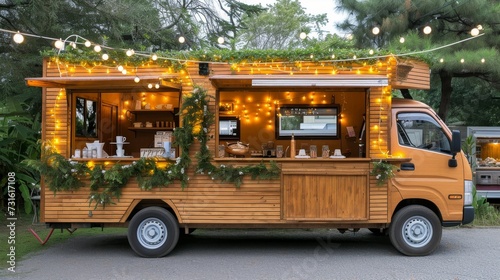 Quaint coffee shop on wheels, serving aromatic coffee to go on busy city streets