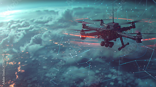 Military drone in action with neuron and radar concept