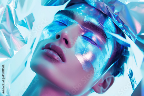 Futuristic Aesthetic, Woman with Holographic Makeup and Crystalline Accents