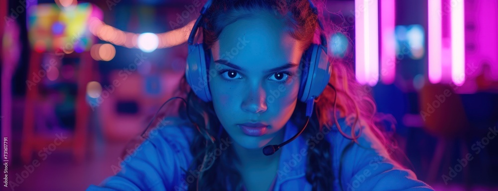 Woman gamer Wearing Headphones in a Dark Room Woman gamer Wearing Headphones in a Dark Room