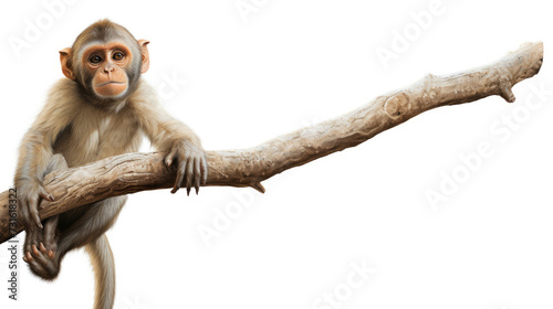 wild baby monkey hanging on a branch isolated on white background  created with Generative AI Technology  photo