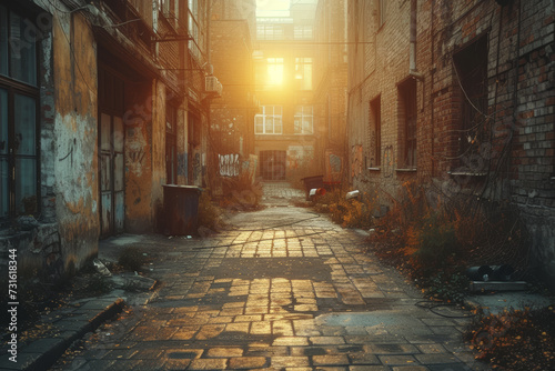 A shot of an urban alley with buildings in shades of sepia, evoking a nostalgic atmosphere and showcasing the timelessness of city architecture. Concept of vintage urban aesthetics. Generative Ai.