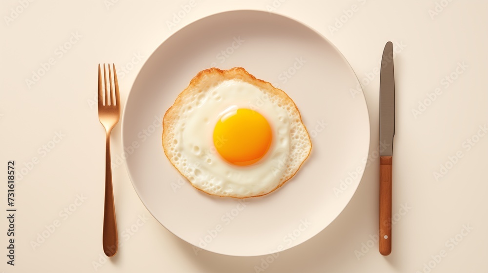 A delectable breakfast scene featuring a perfectly fried egg with a golden yolk, elegantly presented on a light beige ceramic plate, set on a table against a minimalist light background A delectable breakfast scene featuring a perfectly fried egg with a golden yolk, elegantly presented on a light beige ceramic plate, set on a table against a minimalist light background