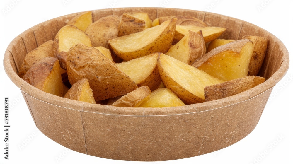 Tempting fast food delicious french fries with tangy sauce on a cardboard plate Tempting fast food delicious french fries with tangy sauce on a cardboard plate