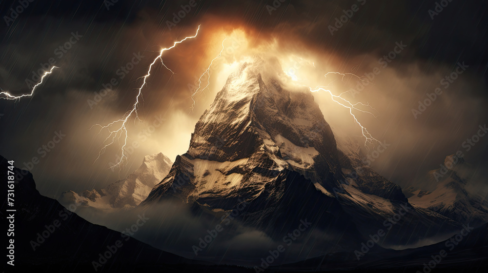 Lightning flashed next to the mountain peak and the surrounding clouds darkened which was created with Generative AI Technology