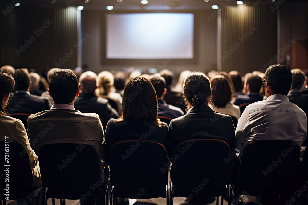 Diverse group of people sitting in front of large empty projection screen, absorbed by the mesmerizing visuals playing before them. Diverse group of people sitting in front of large empty projection screen, absorbed by the mesmerizing visuals playing before them.
