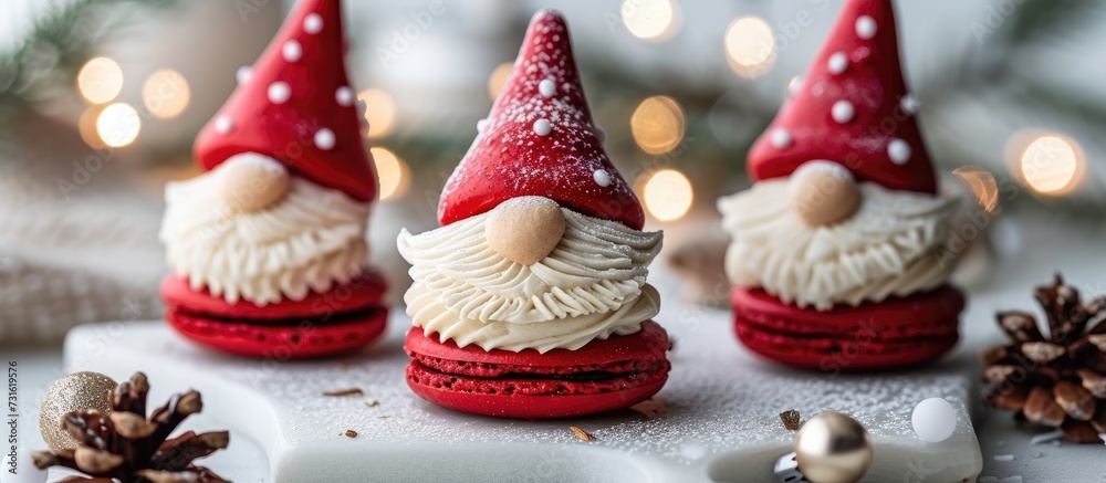 Festive macaron cookies in holiday gnome shapes.