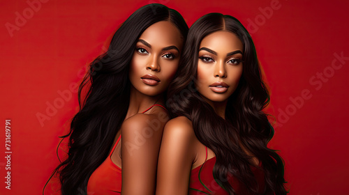 portrait of two African American female models with long wavy black hair makeup shot against a solid red background created with Generative AI Technology 