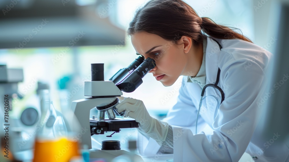 Female medic analyzing slides in laboratory office with blurred background and copy space for text Female medic analyzing slides in laboratory office with blurred background and copy space for text