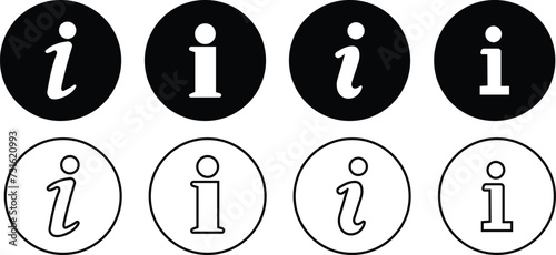 Info icons set. Information black circle vector flat or line collection isolated on transparent background. Info button in different style. Info symbol editable stock for mobile apps and websites.