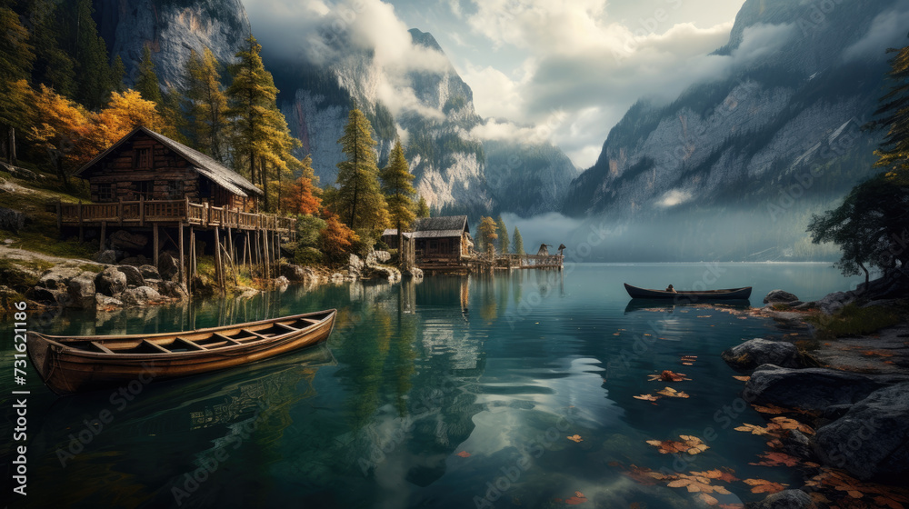 Naklejka premium wooden boat sitting on the dock with in the calm lake water with misty mountains and forest in the background