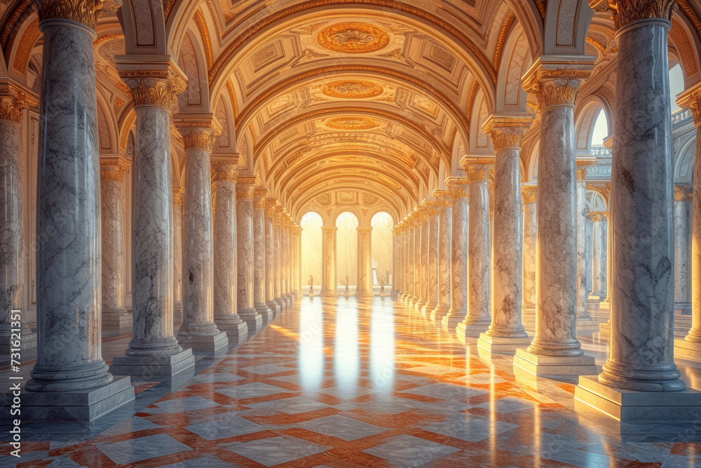 A series of architectural arches and columns forming a balanced composition in a historical building, showcasing the enduring appeal of classical geometric design.  Generative Ai.