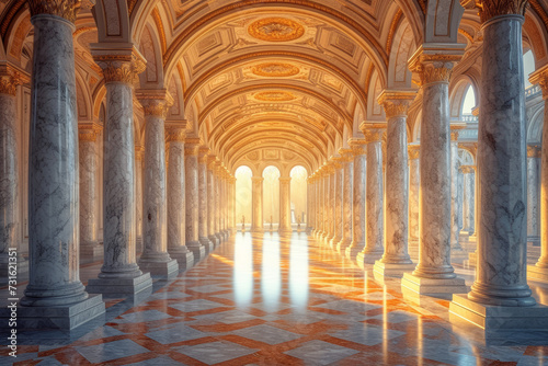 A series of architectural arches and columns forming a balanced composition in a historical building  showcasing the enduring appeal of classical geometric design.  Generative Ai.