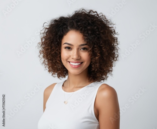 Close up studio shot of beautiful young mixed race woman model with curly dark hair looking at camera with charming cute smile 